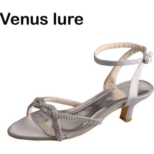 Venus lure Low Heel Silver Ankle Strap Womens Sandals for Wedding with Rhinestons