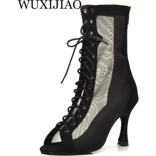 WUXIJIAO Womens Black Suede Net Latin Dance Salsa Shoes High-heeled Tango Ballroom Latin Salsa Dancing Shoes Women Hot