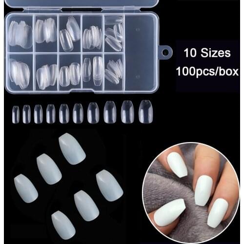100pcs/box Short Coffin Fake Nails 10 Sizes Ballerina Acrylic Nails Full Cover False Nails Tips Ballet Shape Press On Nails