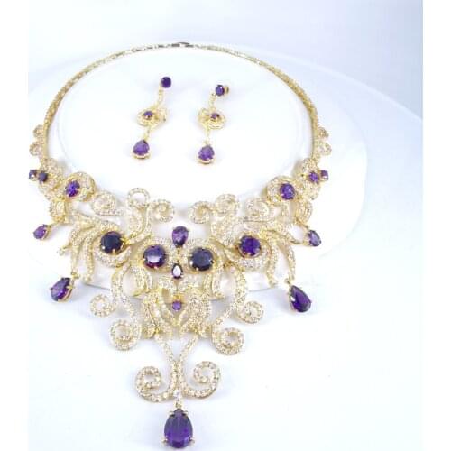 2021 new fashion vintage purple CZ zircon necklace earring set,wedding bridel dinner party banquet dress jewelry free shipping