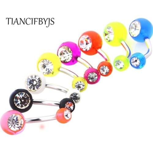 TIANCIFBYJS Acrylic 14 Guage Cyrstal Belly Ring Double Gem Piercing Navel Bar Body Jewelry piercing sourcil dilatacion oreja