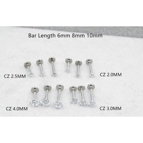 Free shippment LOT50pcs 16g Body Jewelry Piercing -Shine Round CZ Lip Labret Ring Ear Helix Bar Lip Piercing Sliver