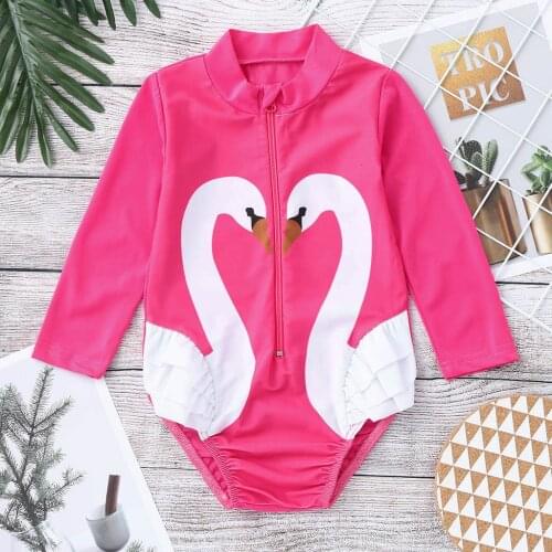 2019 Zipper Girls Long Sleeves One Piece Swimsuit Children Swan Print Swimwear Toddler Kids Swim Suit Baby Beachwear Monokini
