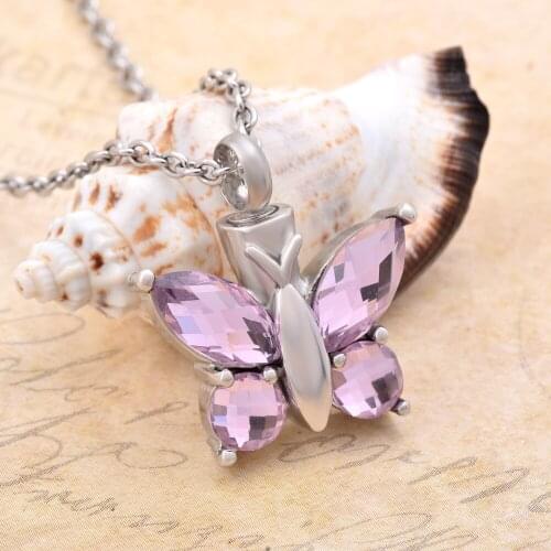 CMJ8497 "Elegant Pink Crystal Butterfly Keepsake Cremation Jewellry Urns Pendant Necklace Pet Memorial Jewelry Keepsake