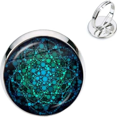 New Fashion Flower of Life Rings Om Yoga Chakra Mandala Fashion 16mm Glass Cabochon Dome Sacred Geometry Women Girls Kid Jewelry