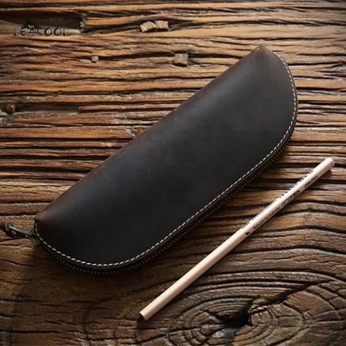 LEACOOL Handmade Genuine Leather Pencil Bag Vintage Crazy Horse Leather Zipper Pen Case School Bag Office Stationery