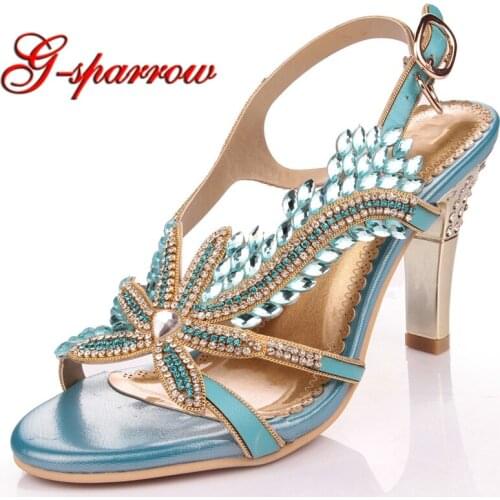 2018 Summer Peep Toe High Heel Sandals Girl Birthday Party Shoes Fashion Rhinestone High Heel Sandal Thick Heel Wedding Shoes