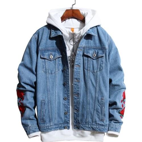 Mens Red Rose Embroidery Blue Denim Jacket Trendy Loose Jean Coat Embroidered Outerwear