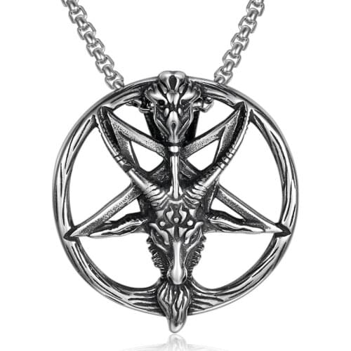 Baphomet Satan Necklace Satanic Jewelry Stainless Steel Lucifer Goat Pendant Antique Vintage Round Silver Color For Men Women