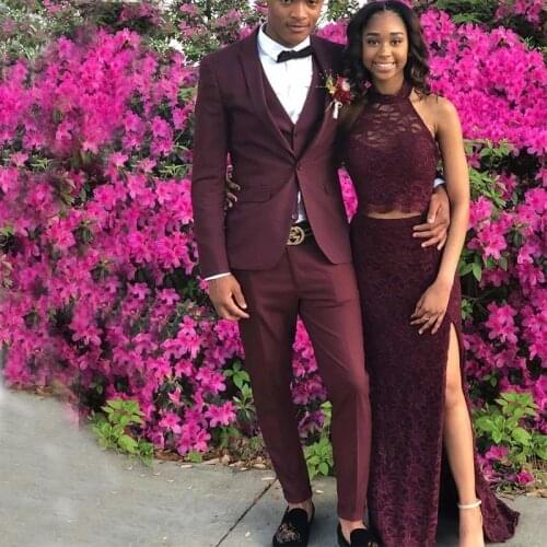 Burgundy Prom Suits for Men Notched Lapel One Button Blazer Jacket Men Tuxedos Groom Wedding Suits 3 Piece Coat+Vest+Pant