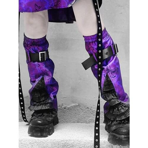 Original Design Purple Butterfly Japanese Gothic Leg Warmer Dark Punk Lace Stitching Foot Sock Summer Knee Sleeve