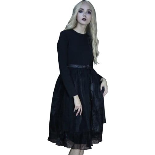 New Devil Fashion Womens Dresses Dark Organza Mid-Calf Dresses Slim Fit and Flare Black O-Neck Empire Dresses With Sashes