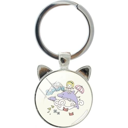 NEW Cartoon Dolphin Novelty Men and Women Accessories Keychain Handmade Silver Plated Cat Ear Keychain For Friends