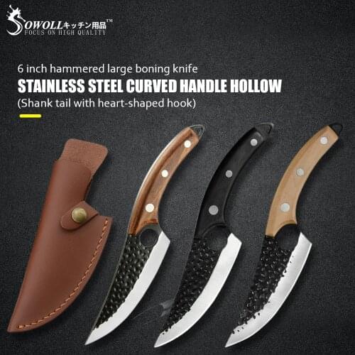 Sowoll 2PCS Cleaver Boning Knives 6 Inch Serbian Knife Leather Sheath Handmade Forged Kitchen Knife Full Tang Butcher Knives