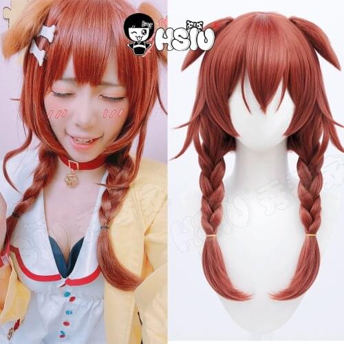 Inugami Korone Cosplay Wig VTuber HSIU Reddish brown Double braided long hair Ears Long Hair +free Brand Wig Cap