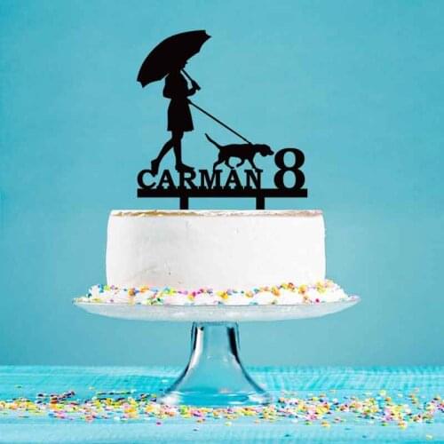 Personalized Girls Birthday Cake Topper Custom Name Age Girl Take a walk with Dog Cake Topper For Birthday Cake Decoration YC122