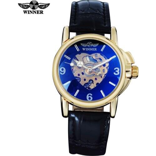 2016 WINNER popular brand women watches dress automatic self wind watch skeleton dials transparent glass gold case leather band