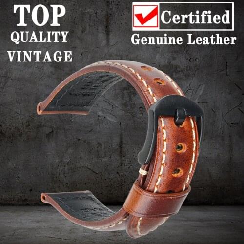 MAIKES Vintage Red Brown Black Oil Wax Leather Strap Watchbands 20mm 22mm 24mm 26mm Watch Band Bracelet Loop for Panerai Tudor