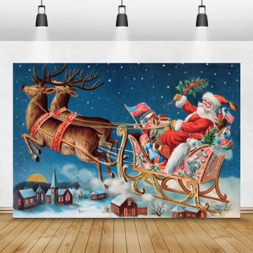 Laeacco Christmas Backdrops Elk Deer Sled Santa Claus Village Snow Gifts Photography Backgrounds Winter Photophone Photozone