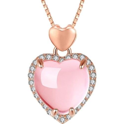 Rose Gold Color Love Heart Rose Pink Quartz Pendant Link Chain Necklace with Rhinestone Fashion Jewelry
