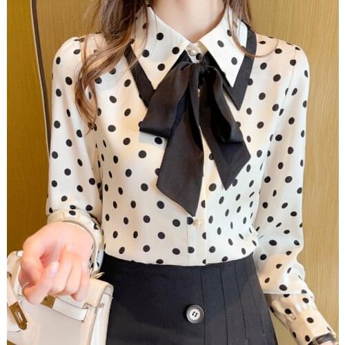 Long Sleeve Women Shirt Blouse Women Blusas Mujer De Moda 2021 Turn Down Collar Dot Chiffon Blouse Shirt Women Tops Blusa E558