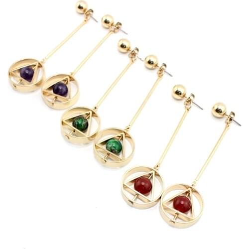 Fashion Trendy Vintage Geometric Circle and Triangle Brass Pendant Beads earring Jackets Style Elegant Earrings for Women