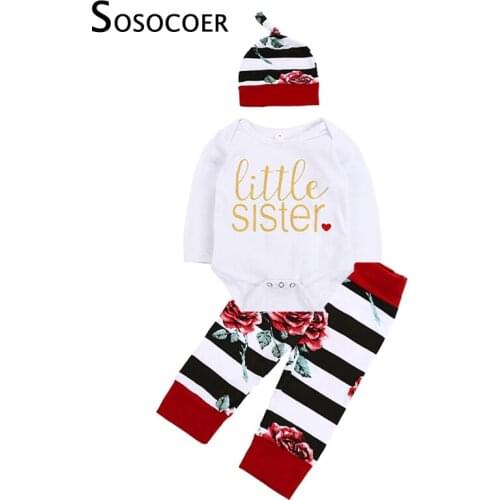 SOSOCOER Baby Girl Clothing Set Floral Girls Clothes Autumn Little Sister Romper+Stripe Pants+Flower Hats Newborn Clothing Sets