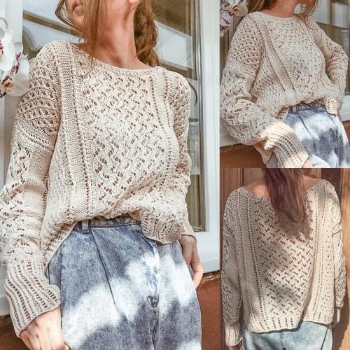 Women’s Sweaters Solid Color Hollow Out Casual Long-sleeves Knitwear Spring Autumn New Fashion Round Neck Pullover Top