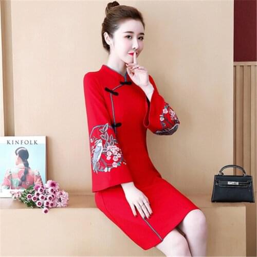 Chinese style thin temperament female dress stand-up collar long-sleeved elegant lady dress spring plus size black red L,XL,2XL