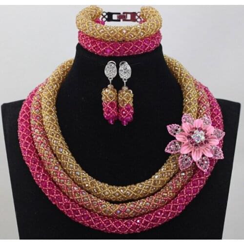 Amazing Fushia Pink Gold Indian Bridal Costume Jewelry Set Hot Pink Nigerian Wedding Beads Set African Free Shipping WD590