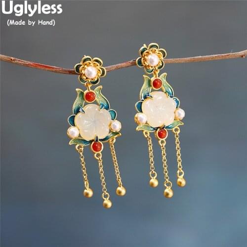 Uglyless Eastern Beauty Multi Chains Tassel Earrings for Women Hotan Jade Flowers Earrings Nature Pearls Brincos Gold 925 Silver