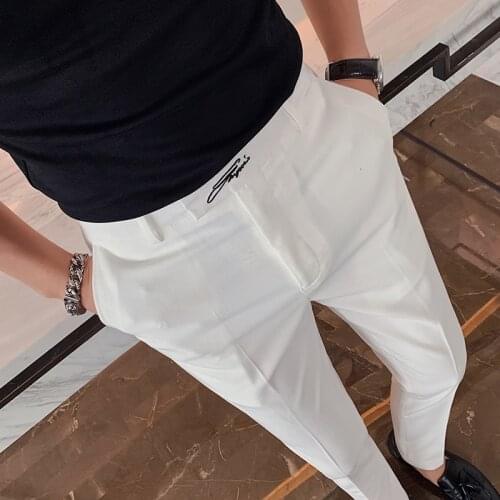 Embroidered Mens Business Dress Pants Korean Style Slim Fit Office Social Suit Pants Casual Trousers Streetwear Black White