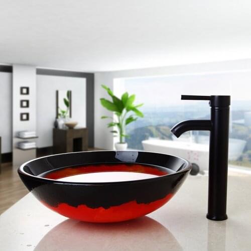 YANKSMART US Hand Painted Glass Basin Sink Countertop Basin Sink Faucet Set Washbasin Sink Round Bowl & ORB Bathroom Faucet