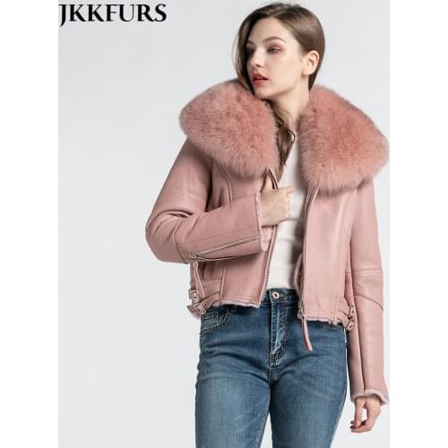 Womens Genuine Leather Jacket With Big Fox Fur Collar Fashion Sheepskin Leather Coat Ladys Outwear S7559