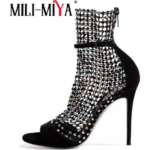 MILI-MIYA Women Bling Sexy High Heels Sexy Mesh Gladiator Summer Sandals Colorful Crystal Thin Heel Pumps Peep Toe Black Shoes