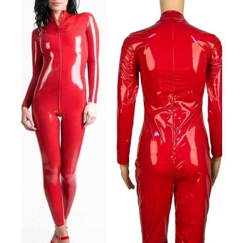 Women Sexy Patent Leather Jumpsuit Latex Look Catsuit Zipper Open Crotch Romper Bodysuit Fetish Mistress Costume