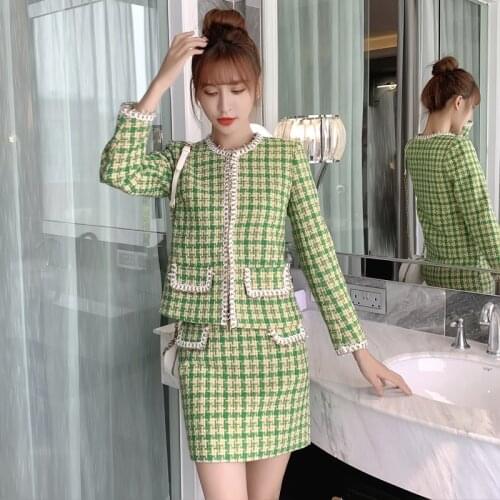 Autumn Winter Vintage Houndstooth Tweed Jacket Skirt Suit Casual Two Piece Woolen Jacket Bodycon Mini Skirt Sets Women Clothes