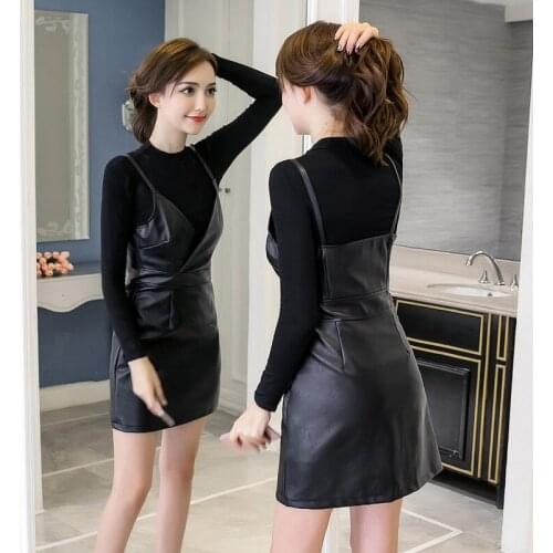 Women Dress Maxi PU Leather Vintage Vestidos Black Bodycon Womens Dresses Evening Sexy Slim Skinny Long Sleeve 2 Piece Set