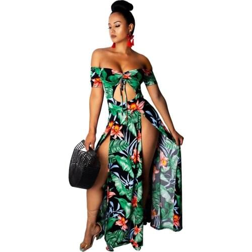 Ladies Big Swing Dresses Print Sexy Tube Top Dress Summer Women High Split Short Sleeve Long Dress Bohemian Beach Vacation Dress