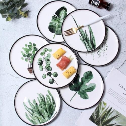 1PC Nordic Hand Painted Green Plants Porcelain Dinner Plate Tableware Creative Ceramic Dessert Plate Dinnerware Cake Dish