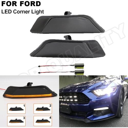 2Pcs For 2015 2016 2017 Ford Mustang Amber+White Front LED Dynamic DRL Turn Signal Sequential Indicator Light Corner Lamp