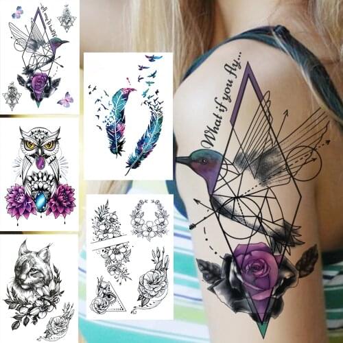 Geometric Hummingbirds Temporary Tattoos For Women Men Adults Fake Feather Owl Flower Tattoo Sticker Black Cat Bird Tatoos Paper