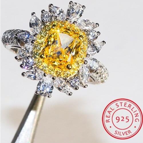 Luxury Female Big Yellow Sapphire Ring 100% Real 925 Sterling Silver Engagement Ring Vintage Wedding Rings For Women