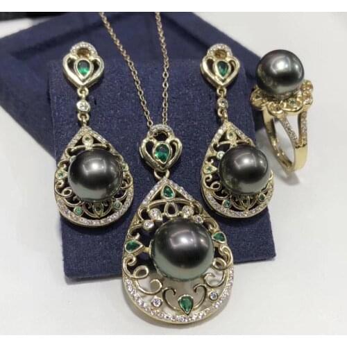 D612 Pearl Set Fine Jewelry 925 Sterling Silver Round 10-12mm Zircons Nature Sea Water Tahiti Pearls Jewelry Sets for Women