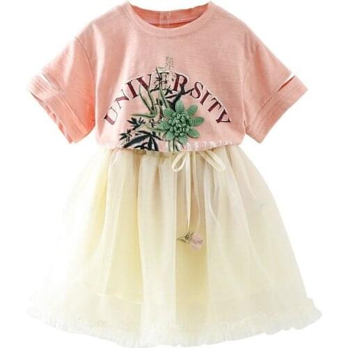 2019 Summer Girls Clothing Sets Fashion Children Flower Short Sleeve T-Shirts And Net Veil Skirt Suit Baby Girls Clothes Set