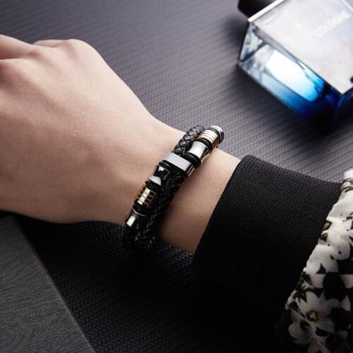 RINHOO Punk Men Braided Leather Bracelet Male Handmade Bracelet Stainless Steel Magnetic Clasp Male Wristband Gift Jewelry