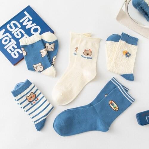 2021 New autumn Women Fashion blue Cute Cartoon Cotton Japanese Korean Socks Kawaii Bear Harajuku Streetwear Female Sox Girls