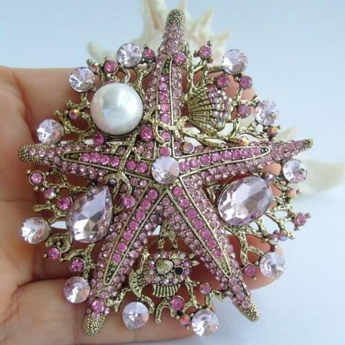 Charming 3.15" Pink Rhinestone Crystal Starfish Brooch Pin Pendant EE06412C7