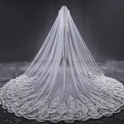 New 4 M One Layer Wedding Veils Long With Comb Vintage Tulle Beaded Lace Edge Cathedral Wedding Veils Crystal Bridal Accessories