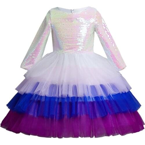 Sequin performance dress New childrens dress girl Baby Christmas Day color matching cake Eucharist party long sleeve dress